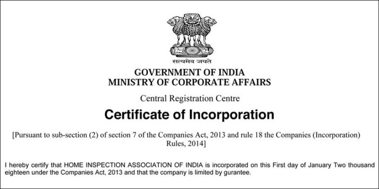 Incorporation of “HOME INSPECTION ASSOCIATION OF INDIA”